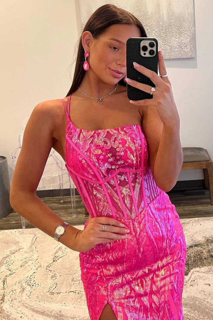 Sequins Lace Charming Mermaid One Shoulder Long Prom Dress, PD25413