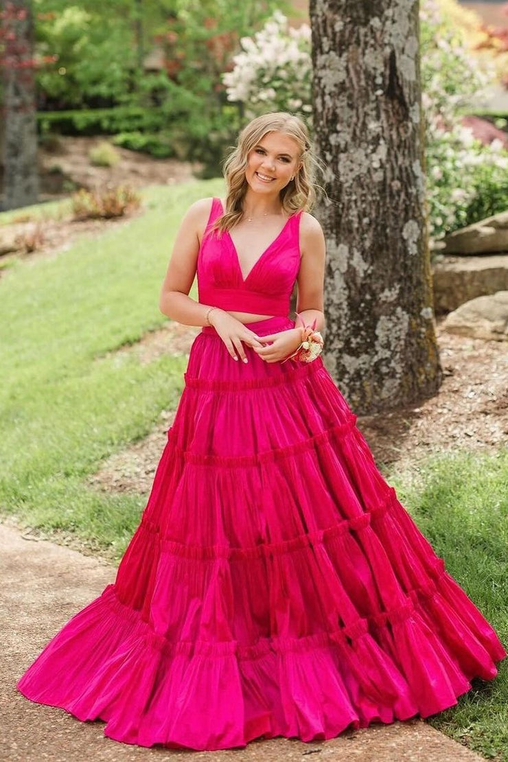 V Neck Two Piece Pink Ruffle Tiered Long Prom Dress, PD25113