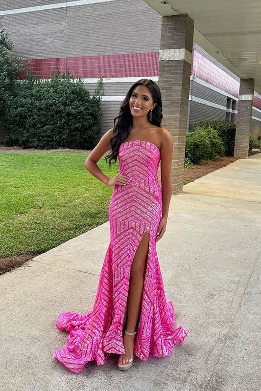 Strapless Mermaid Pink Sequins Long Prom Dresses, PD25039