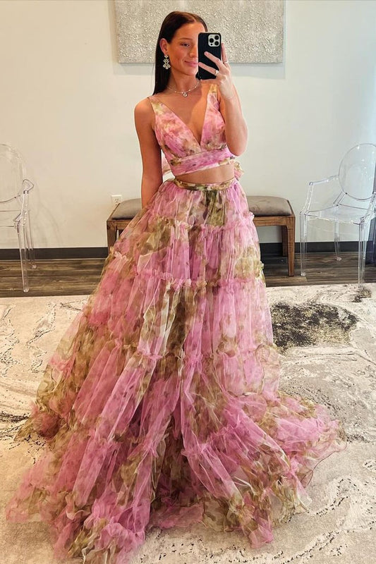 Pink Floral Printed Two Piece V Neck Long Prom Dress, PD25301