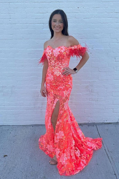 Mermaid Coral Sequins Lace Prom Dresses with Slit, PD25008