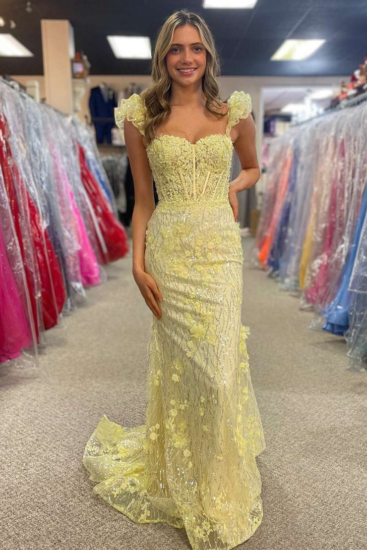 Yellow Lace Sweetheart Sequins Long Prom Dresses, PD25515