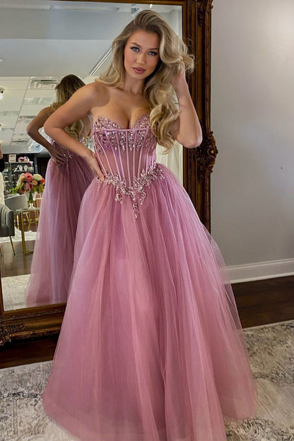 Blush A - Line Sweetheart Tulle Long Prom Dresses with Appliques, PD25605