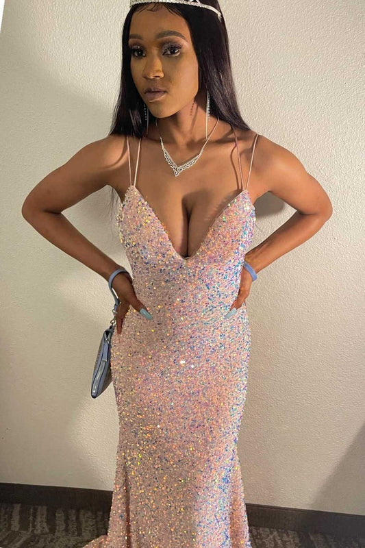 Pink Lace-Up Iridescent Sequin Mermaid Long Prom Dress, PD25704