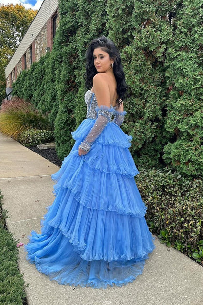 Blue Strapless Tiered Tulle Prom Dress with Beading, PD25783