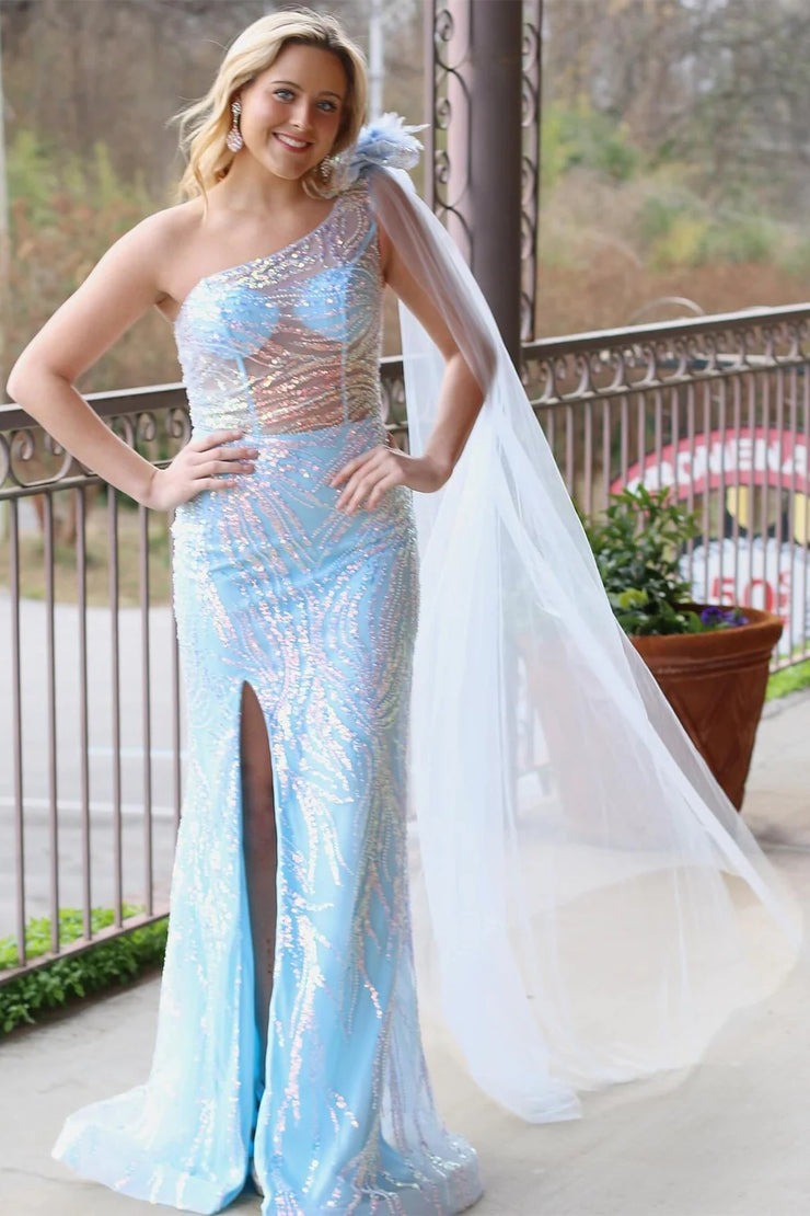 Light Blue One-Shoulder Mesh Sequin Lace Long Formal Dress, PD25725
