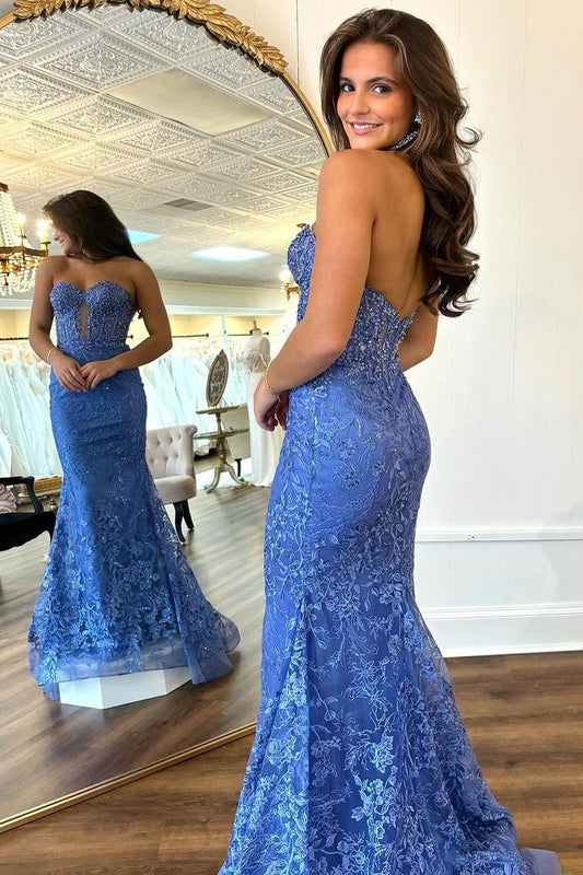 Periwinkle Lace Mermaid Sweetheart Long Prom Dress, PD25456