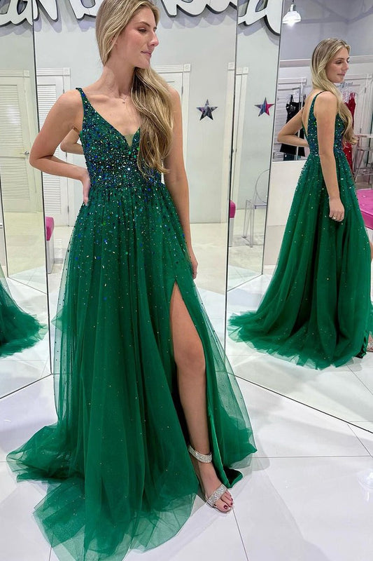 Dark Green V Neck Slit Tulle Long Prom Dresses, PD25714