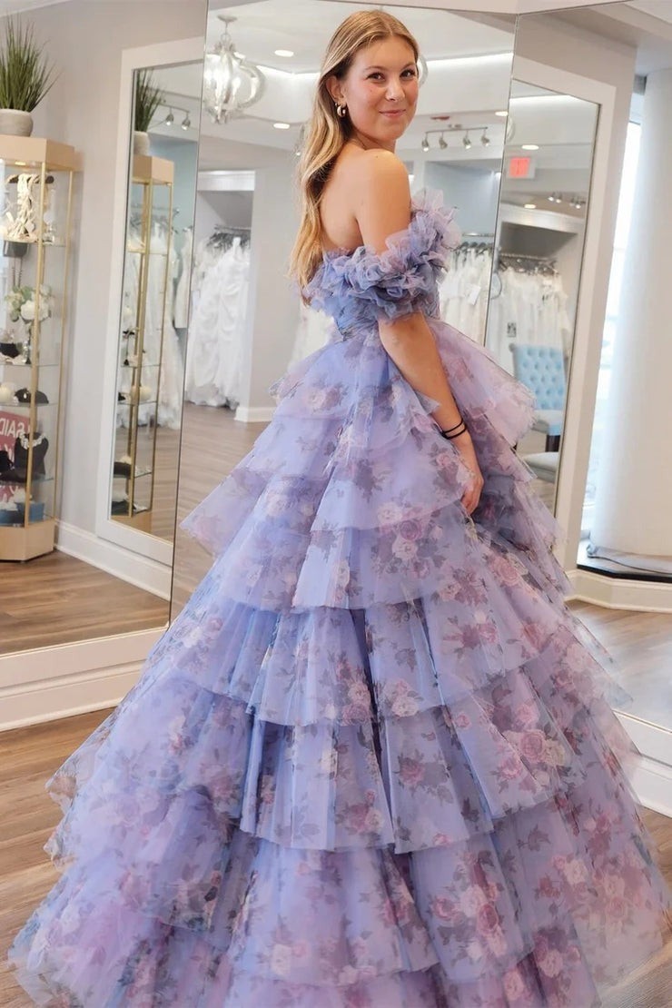 Periwinkle Flutter Sleeve Print Ruffle Tiered Long Prom Dress, PD25624