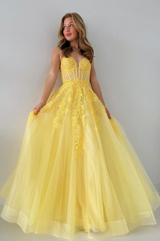Yellow Spaghetti Straps Tulle Long Prom Dresses with Appliques, PD25535