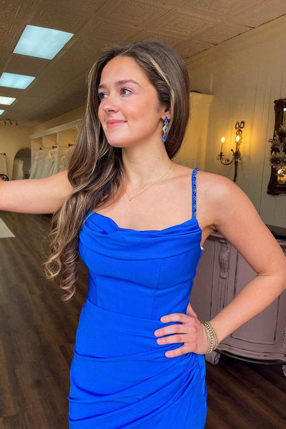 Royal Blue Mermaid Cowl Neck Satin Long Prom Dresses, PD25525