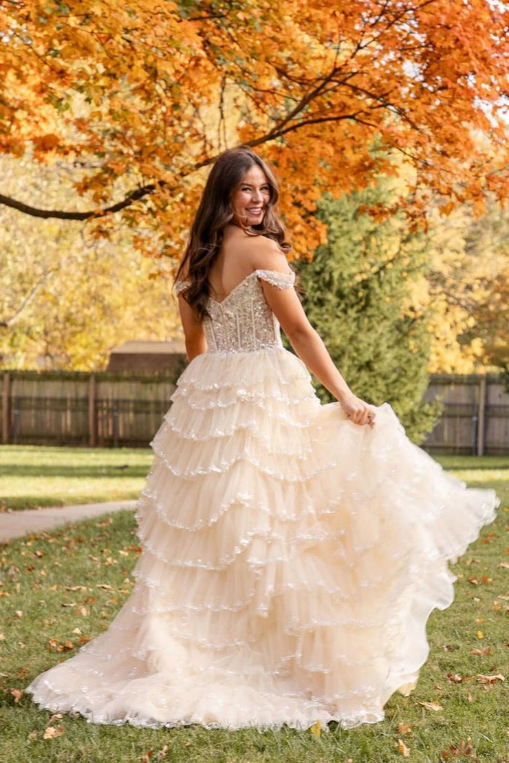Tulle A-Line Off the Shoulder Long Prom Dresses with Appliques, PD25475