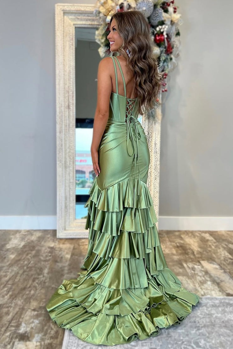 Sage Satin Charming Mermaid V Neck Tiered Slit Prom Dress, PD25384