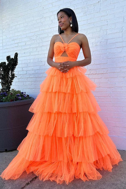 Orange Tiered Cutout Sweetheart Tulle Long Prom Dress, PD25465