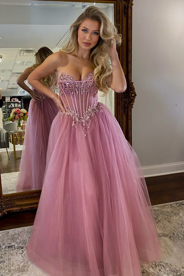 Blush A - Line Sweetheart Tulle Long Prom Dresses with Appliques, PD25605