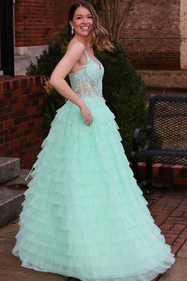 Mint Spaghetti Straps Long Tiered Tulle Prom Dress with Appliques, PD25735