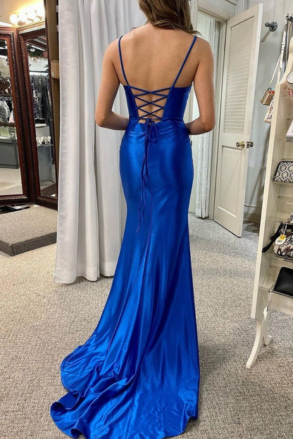 Royal Blue Satin Mermaid Scoop Neck Long Prom Dress with Slit, PD25356