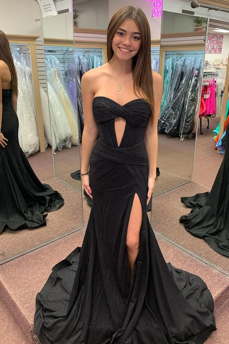 Black Satin Mermaid Sweetheart Charming Slit Long Prom Dresses, PD25338
