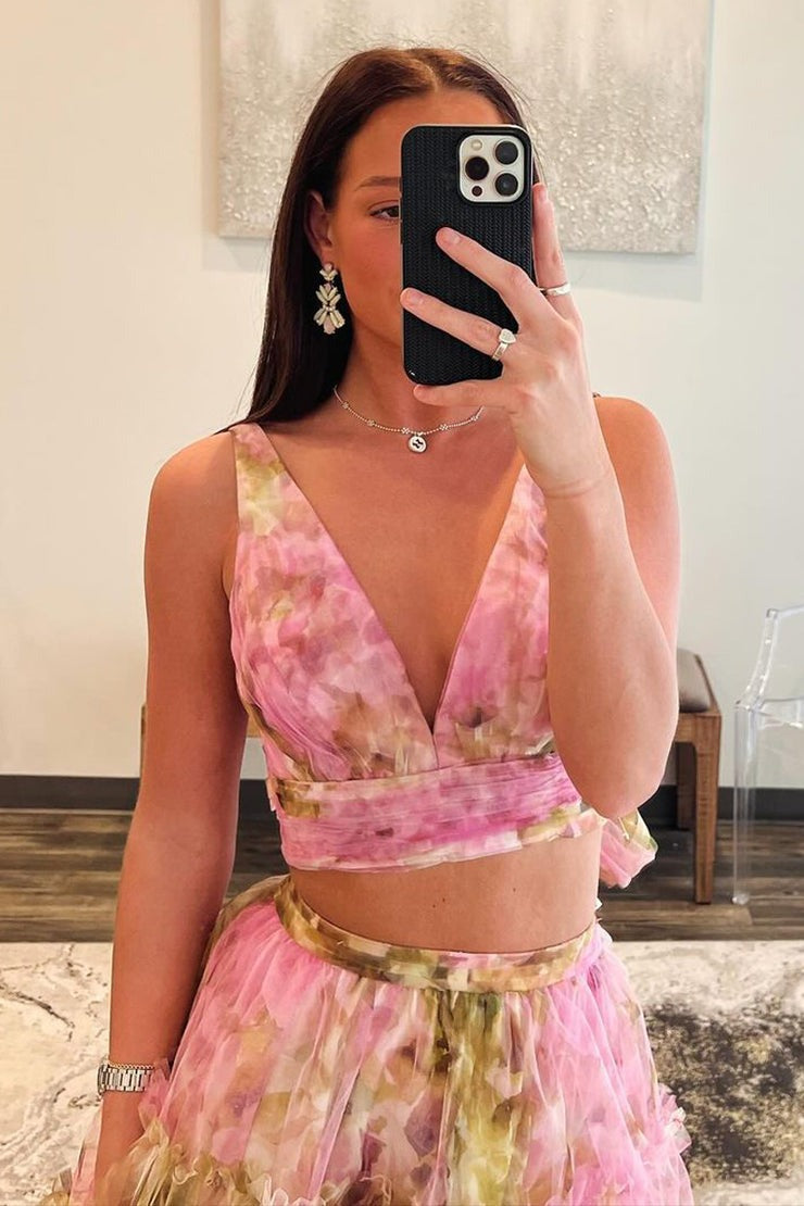 Pink Floral Printed Two Piece V Neck Long Prom Dress, PD25301