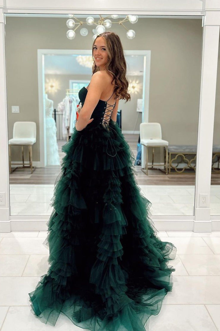 Sweetheart A-Line Ruffle Tiered Long Prom Dress with Slit, PD25211
