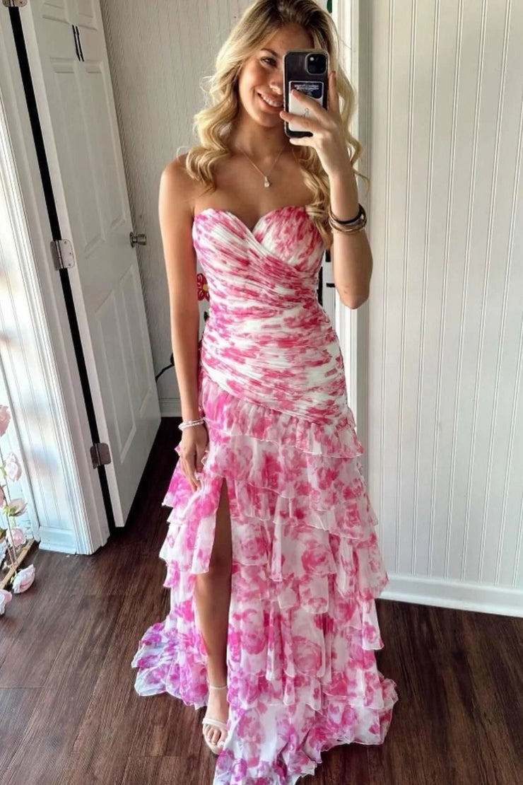 Pink Floral Printed Chiffon Mermaid Sweetheart Tiered Prom Dress, PD25405