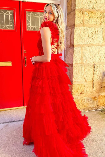 Red Tulle Appliques Ruffle A-Line Long Prom Dress with Slit, PD25644