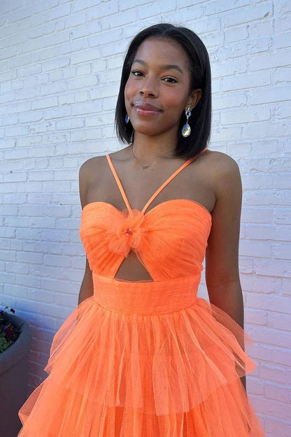 Orange Tiered Cutout Sweetheart Tulle Long Prom Dress, PD25465