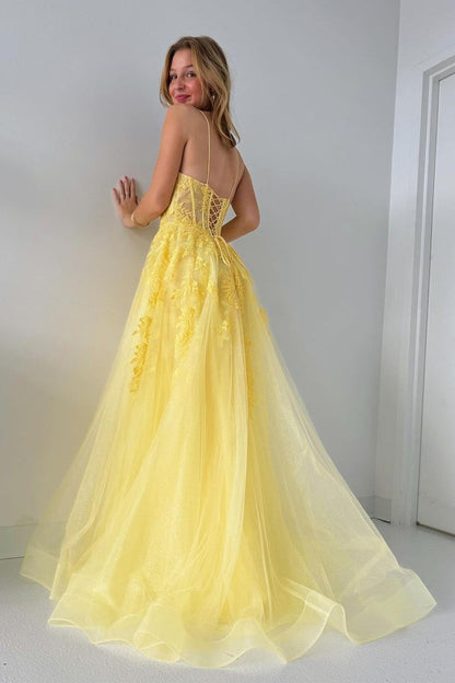 Yellow Spaghetti Straps Tulle Long Prom Dresses with Appliques, PD25535