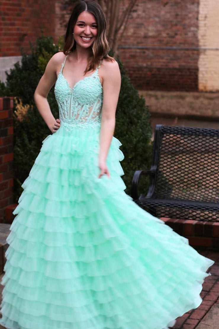 Mint Spaghetti Straps Long Tiered Tulle Prom Dress with Appliques, PD25735