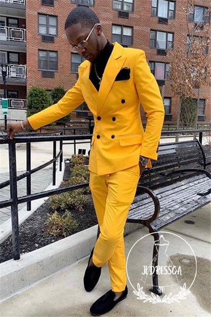 Yellow Double Breasted Slim Fit Peaked Lapel Mens Suits, SU25039