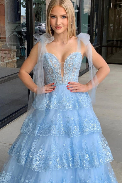 Light Blue Sweetheart Bow Tie Straps Appliques Tiered Tulle Prom Dress, PD25636