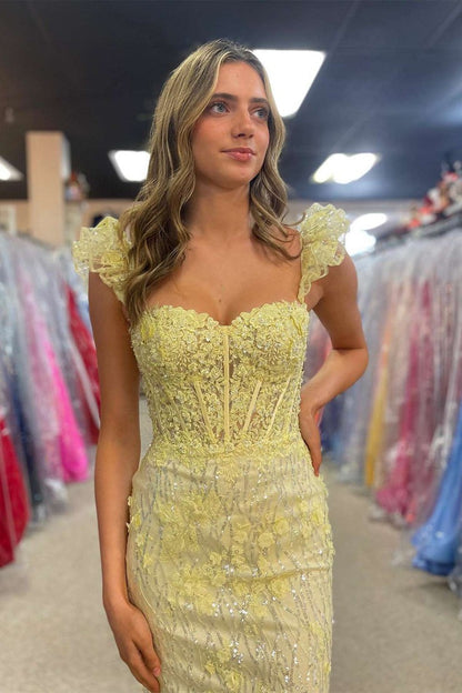 Yellow Lace Sweetheart Sequins Long Prom Dresses, PD25515