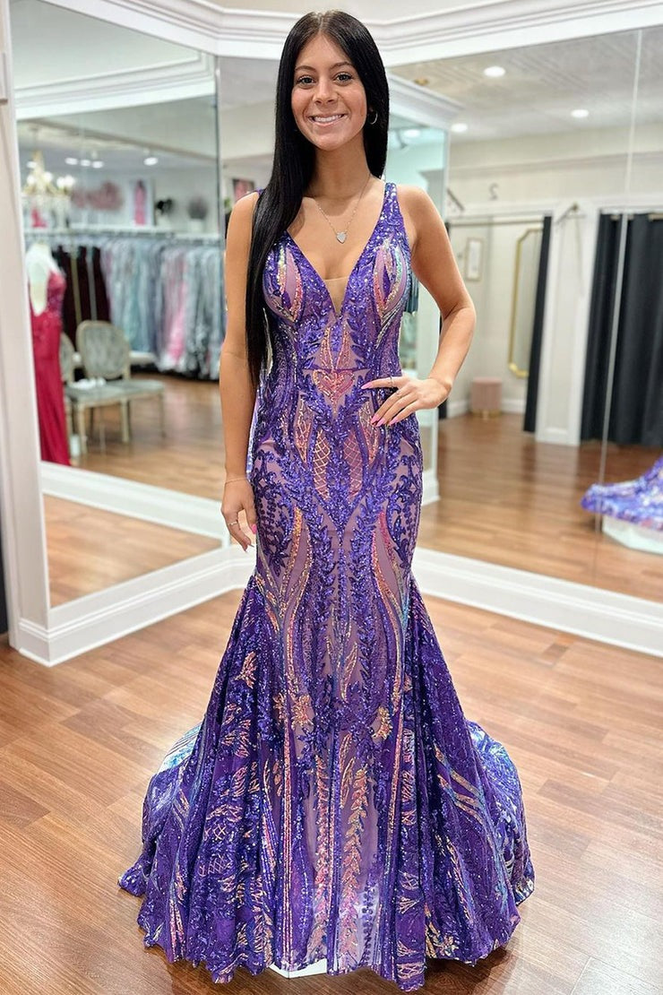 Purple Mermaid V Neck Long Sequins Prom Dress, PD25615