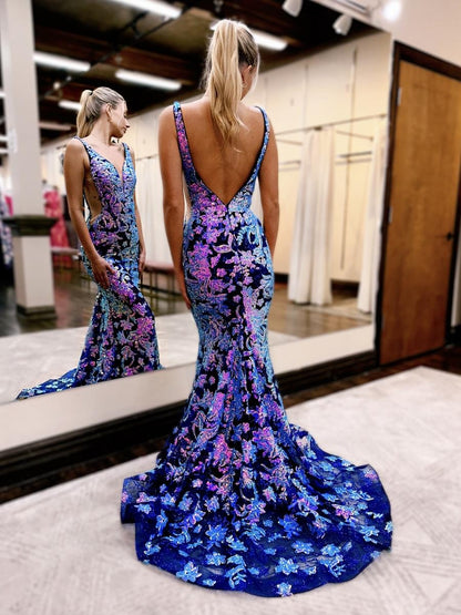 Magic Purple V Neck Mermaid Sequins Lace Prom Dress, PD25746