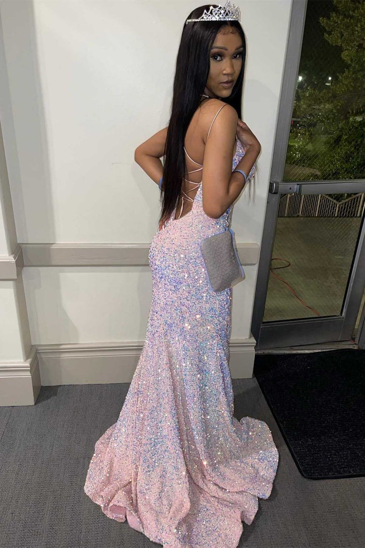 Pink Lace-Up Iridescent Sequin Mermaid Long Prom Dress, PD25704
