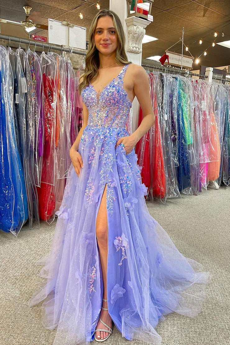 Lavender A - Line V Neck Sequin Lace Long Prom Dress with Pockets, PD25576