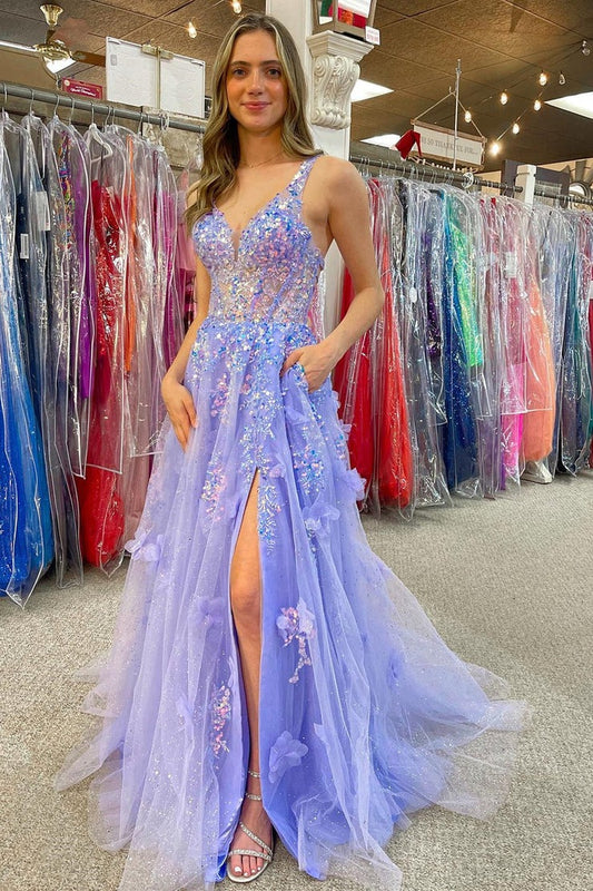 Lavender V-Neck A-Line Tulle Appliques Long Prom Dress with Slit, PD25685