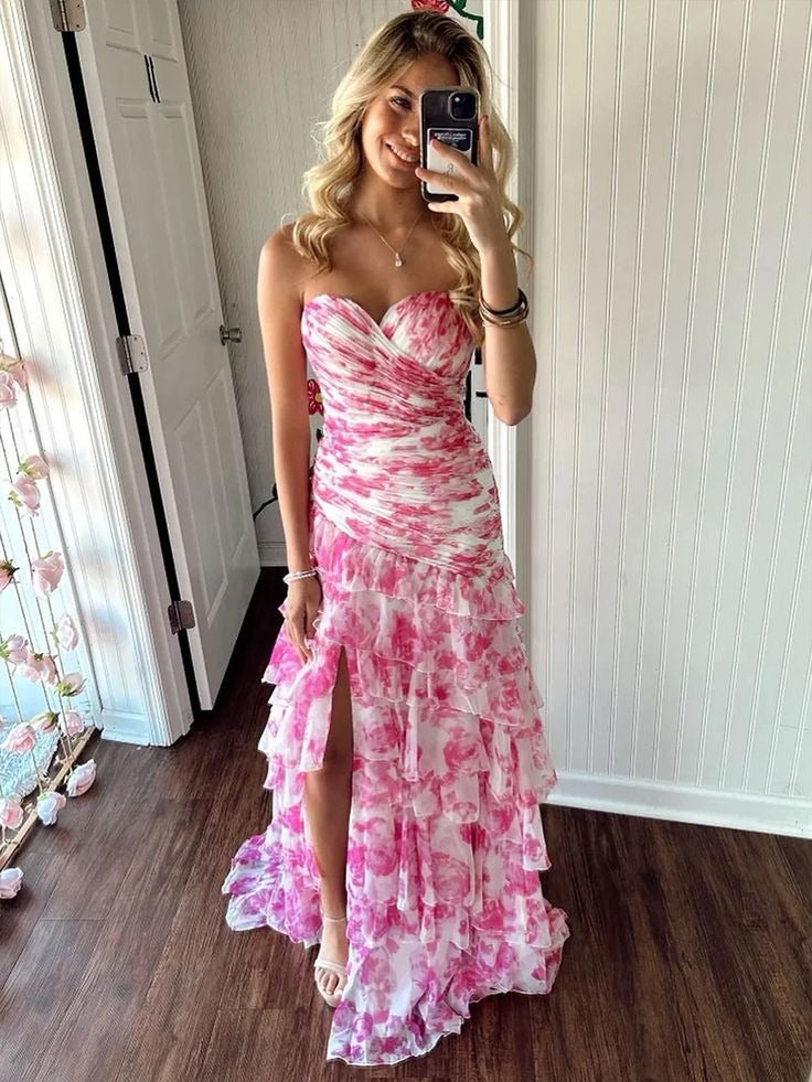 Pink Sweetheart Sheath Tiered Floral Chiffon Cute Prom Dress, PD25564