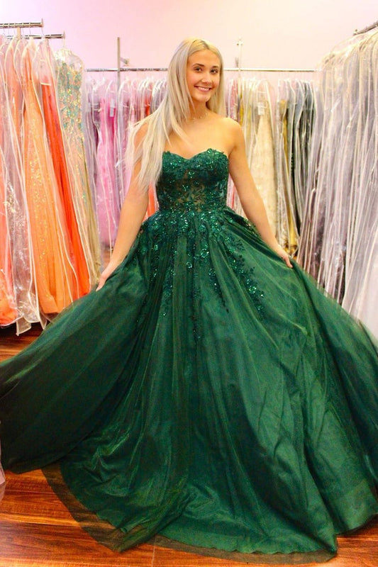 Dark Green Sweetheart Tulle Long Prom Dresses with Appliques, PD25596