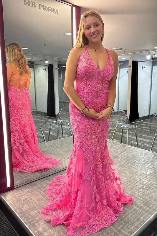 Pink Halter Mermaid Long Prom Dress with Lace Appliques, PD25784