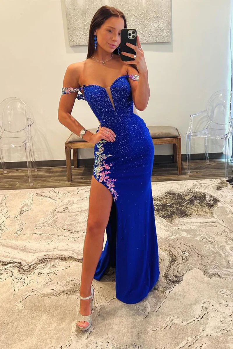 Royal Blue Off-the-Shoulder Beaded Long Prom Dress , PD2404235