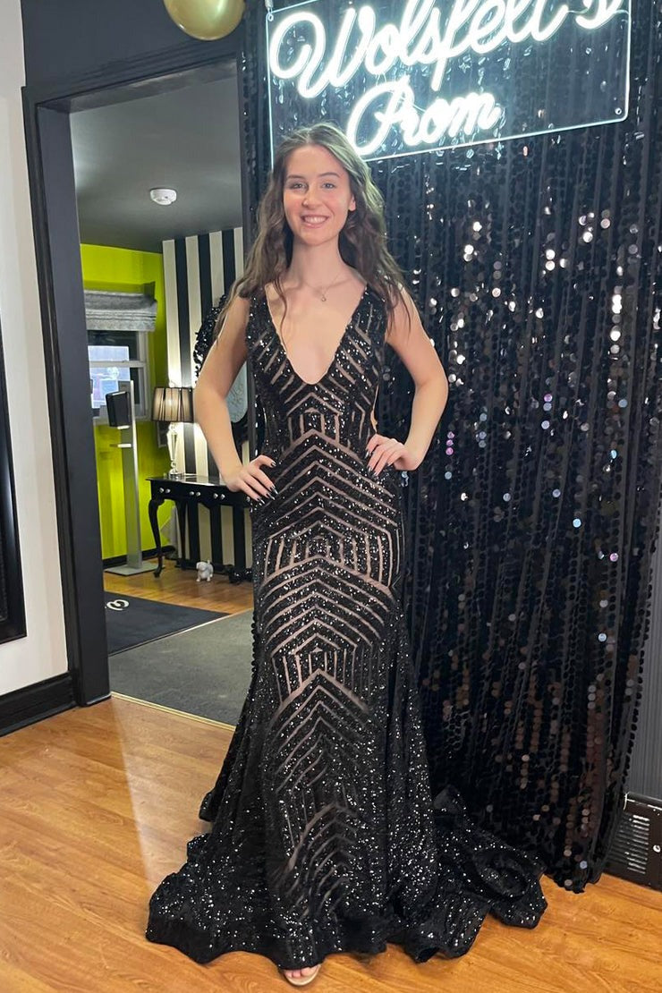 Back Sequins Mermaid V Neck Long Prom Dress, PD25293