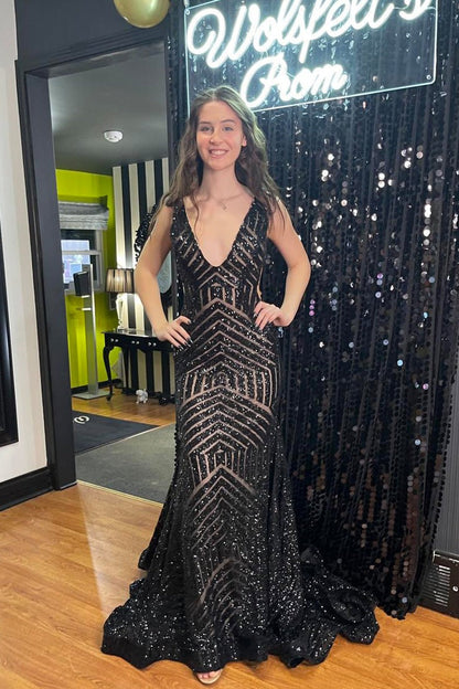 Back Sequins Mermaid V Neck Long Prom Dress, PD25293