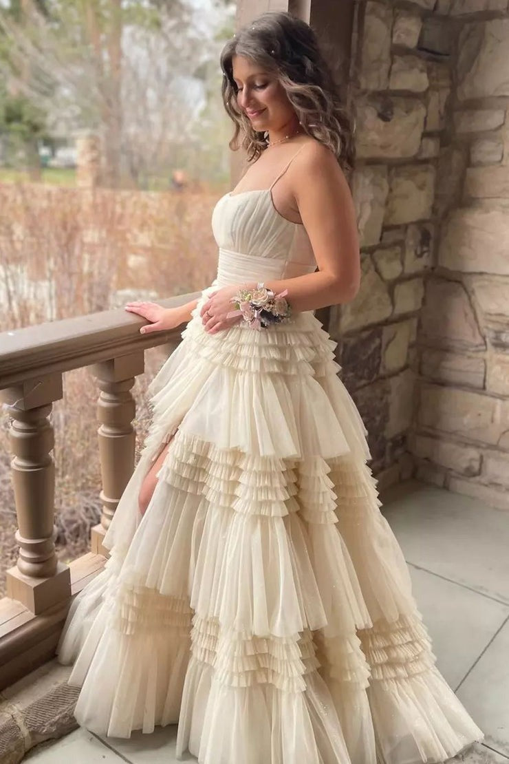 Scoop Neck Ball Gown Champagne Tiered Tulle Long Prom Dress with Slit, PD25108