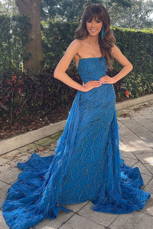 Blue Strapless Long Sequin Lace Feathered Mermaid Prom Dress, PD25736