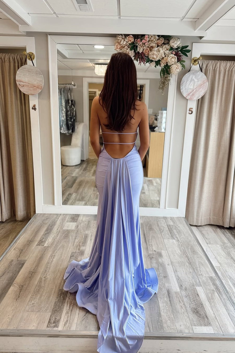 Lavender Halter Mermaid Satin Long Prom Dress with Slit, PD25796