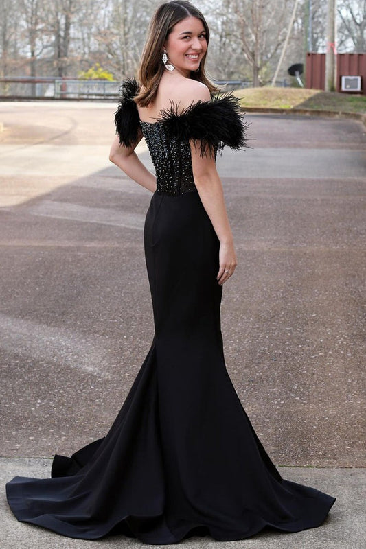 Black Strapless Beaded Mermaid Long Prom Dress with Feather, PD25366