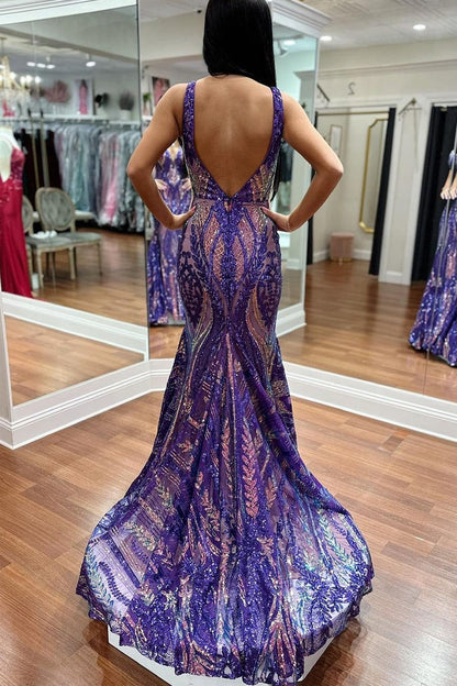Purple Mermaid V Neck Long Sequins Prom Dress, PD25615