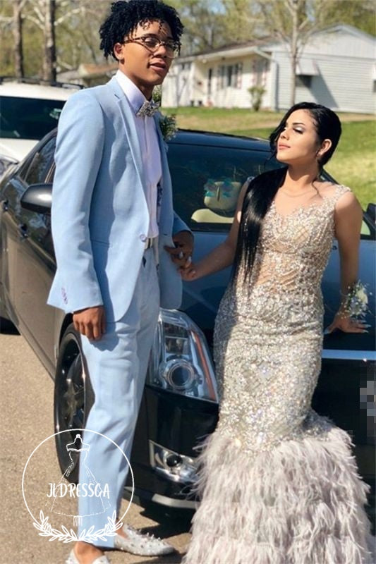 Classy Sky Blue One Button Slim Fit Prom Mens Suit, SU25060