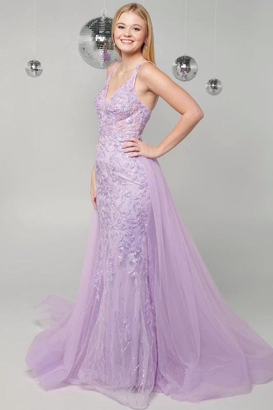 Lilac V Neck Tulle Mermaid Long Prom Dresses with Appliques, PD25476